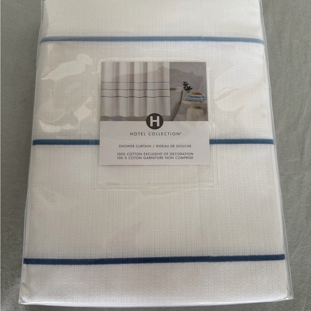 New Hotel Collection White and Navy Shower Curtain